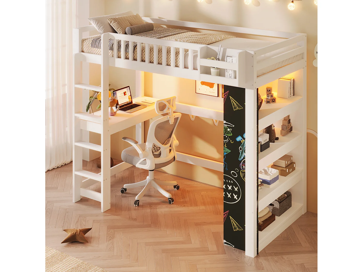 Lit mezzanine 90x200 cm - avec tableau noir - avec bureau - avec compartiments de rangement - avec éclairage LED - blanc (matelas non inclus)