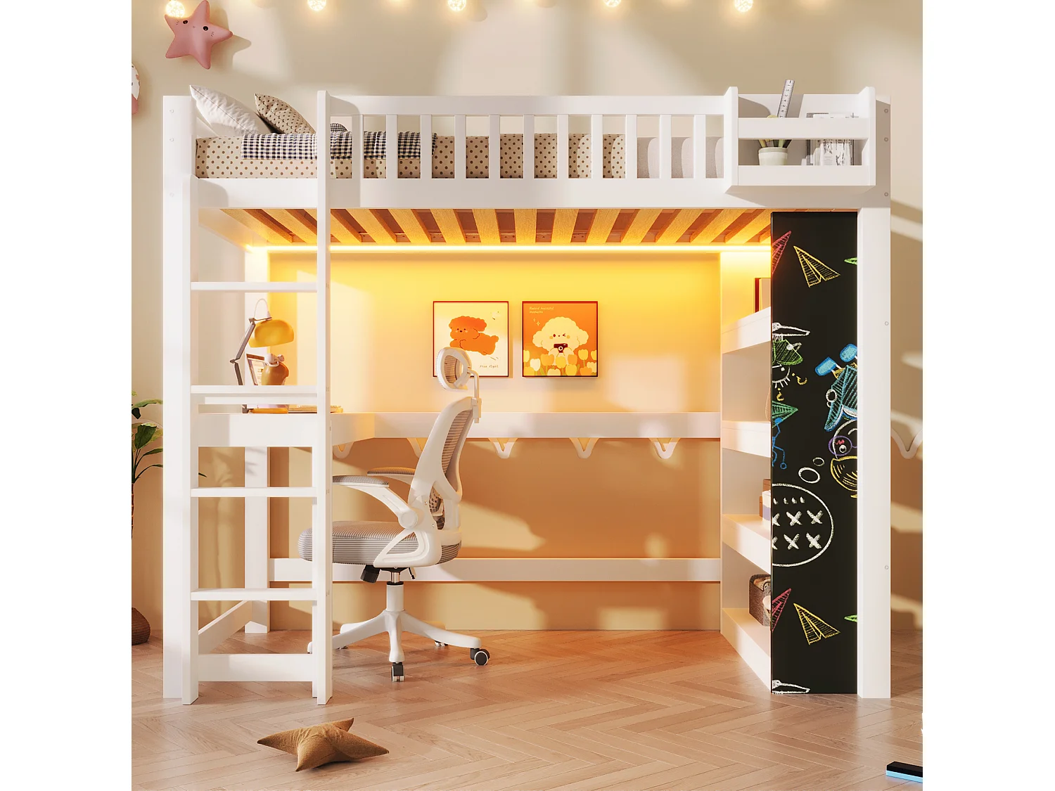 Lit mezzanine 90x200 cm - avec tableau noir - avec bureau - avec compartiments de rangement - avec éclairage LED - blanc (matelas non inclus)
