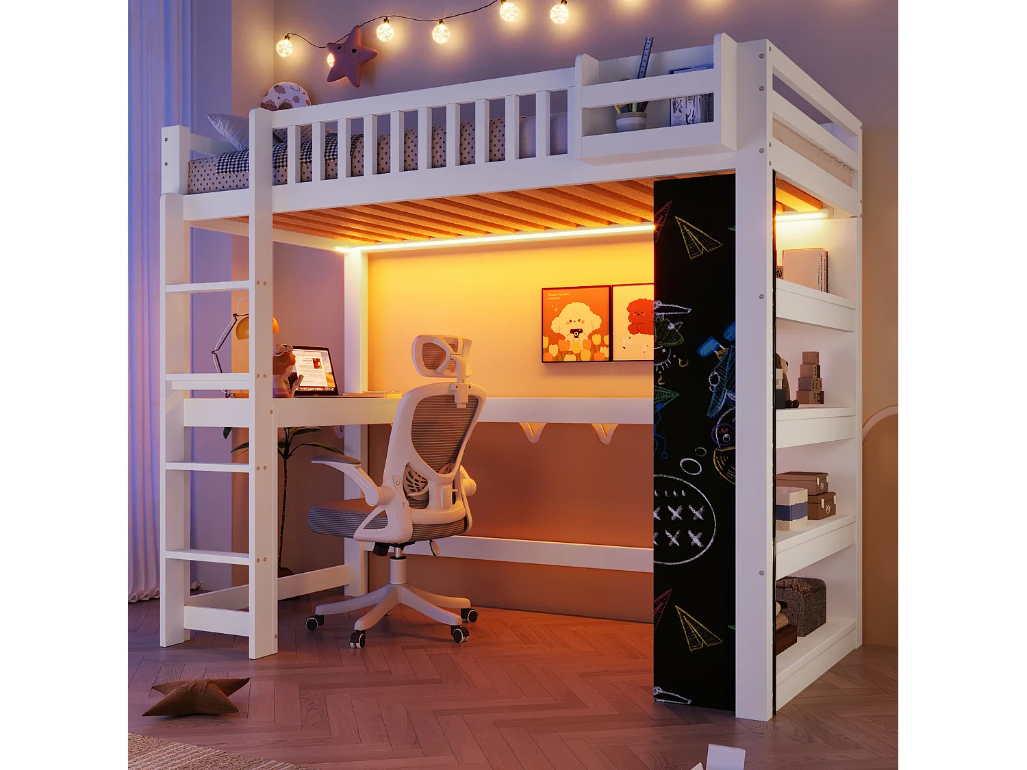 Lit mezzanine 90x200 cm - avec tableau noir - avec bureau - avec compartiments de rangement - avec éclairage LED - blanc (matelas non inclus)