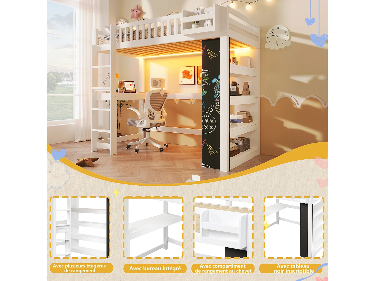 Lit mezzanine 90x200 cm - avec tableau noir - avec bureau - avec compartiments de rangement - avec éclairage LED - blanc (matelas non inclus)