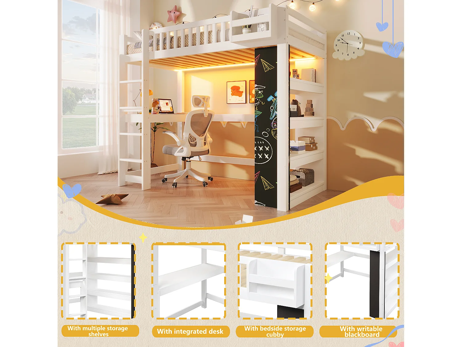 Lit mezzanine 90x200 cm - avec tableau noir - avec bureau - avec compartiments de rangement - avec éclairage LED - blanc (matelas non inclus)