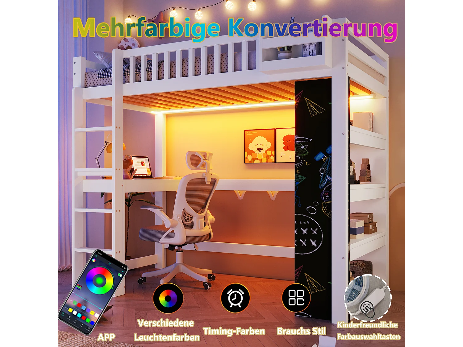Lit mezzanine 90x200 cm - avec tableau noir - avec bureau - avec compartiments de rangement - avec éclairage LED - blanc (matelas non inclus)