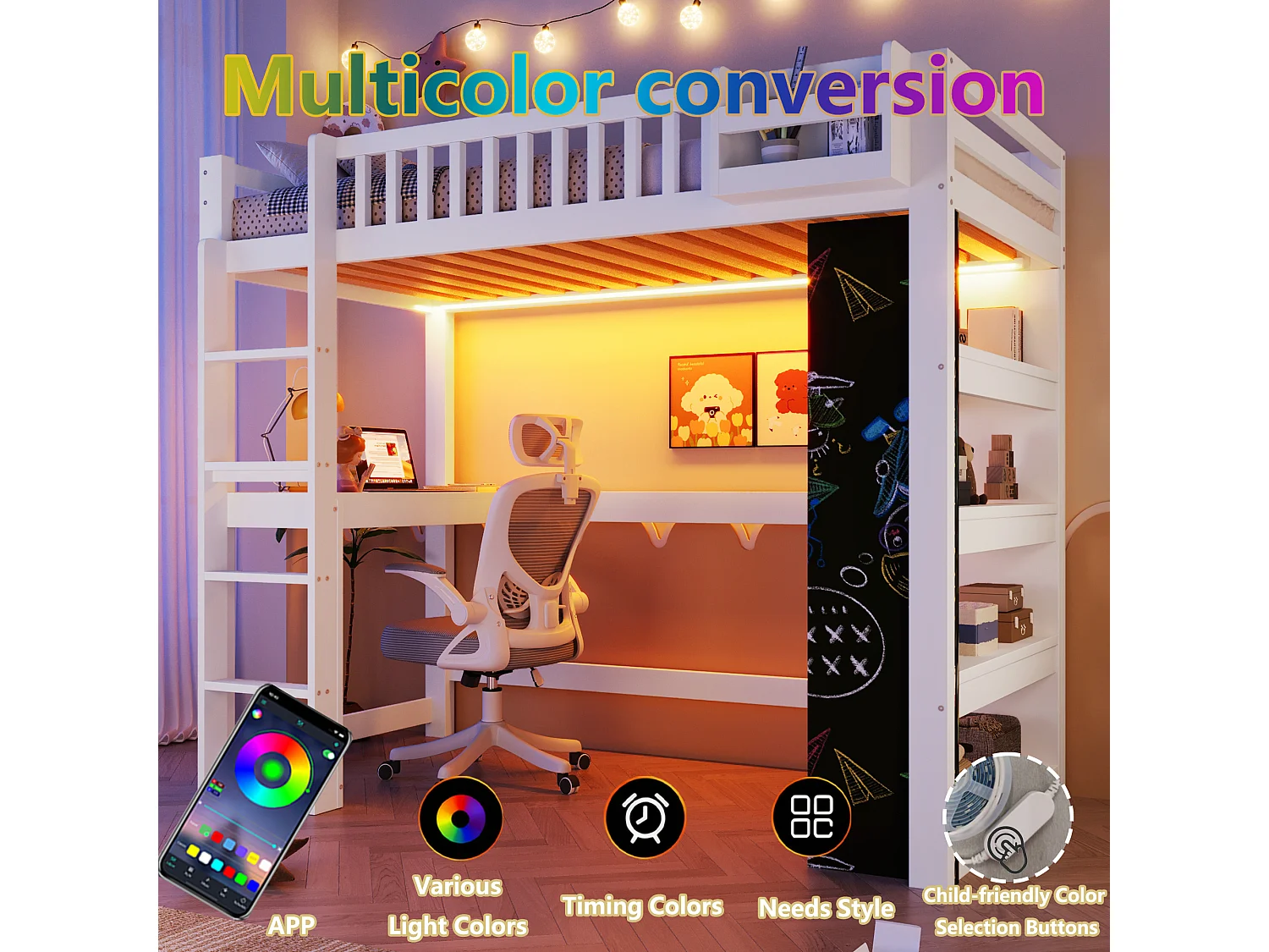 Lit mezzanine 90x200 cm - avec tableau noir - avec bureau - avec compartiments de rangement - avec éclairage LED - blanc (matelas non inclus)