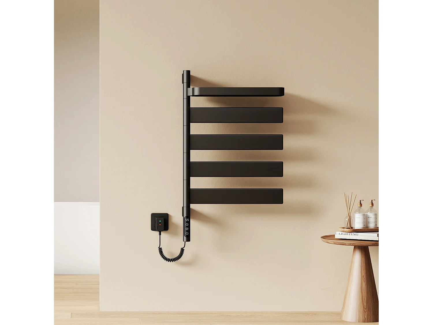 EMKE Scaldasalviette Elettrico 76,9 x 45 cm Barre Orientabili a 180 Gradi con Mensola WiFi App Alexa 120W Nero
