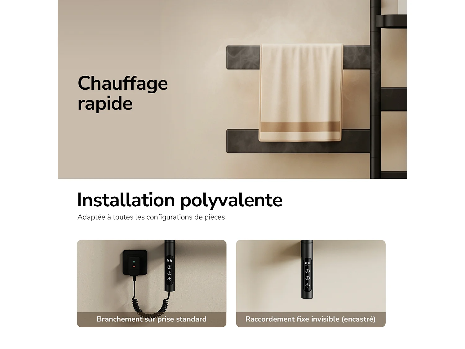 EMKE Scaldasalviette Elettrico 76,9 x 45 cm Barre Orientabili a 180 Gradi con Mensola WiFi App Alexa 120W Nero