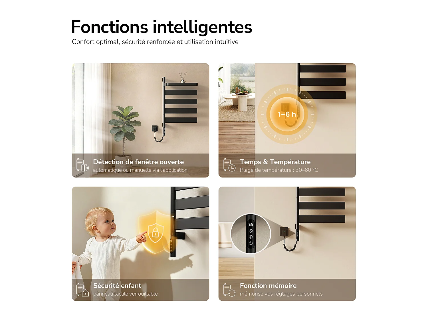 EMKE Scaldasalviette Elettrico 76,9 x 45 cm Barre Orientabili a 180 Gradi con Mensola WiFi App Alexa 120W Nero