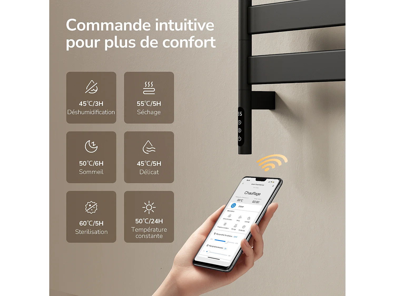 EMKE Scaldasalviette Elettrico 76,9 x 45 cm Barre Orientabili a 180 Gradi con Mensola WiFi App Alexa 120W Nero