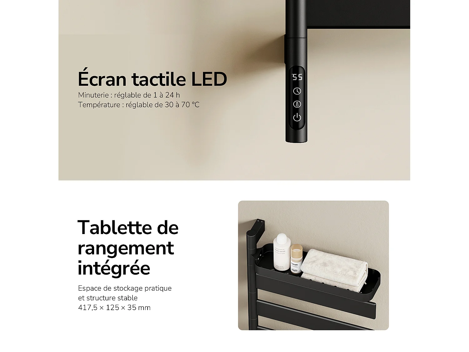 EMKE Scaldasalviette Elettrico 76,9 x 45 cm Barre Orientabili a 180 Gradi con Mensola WiFi App Alexa 120W Nero