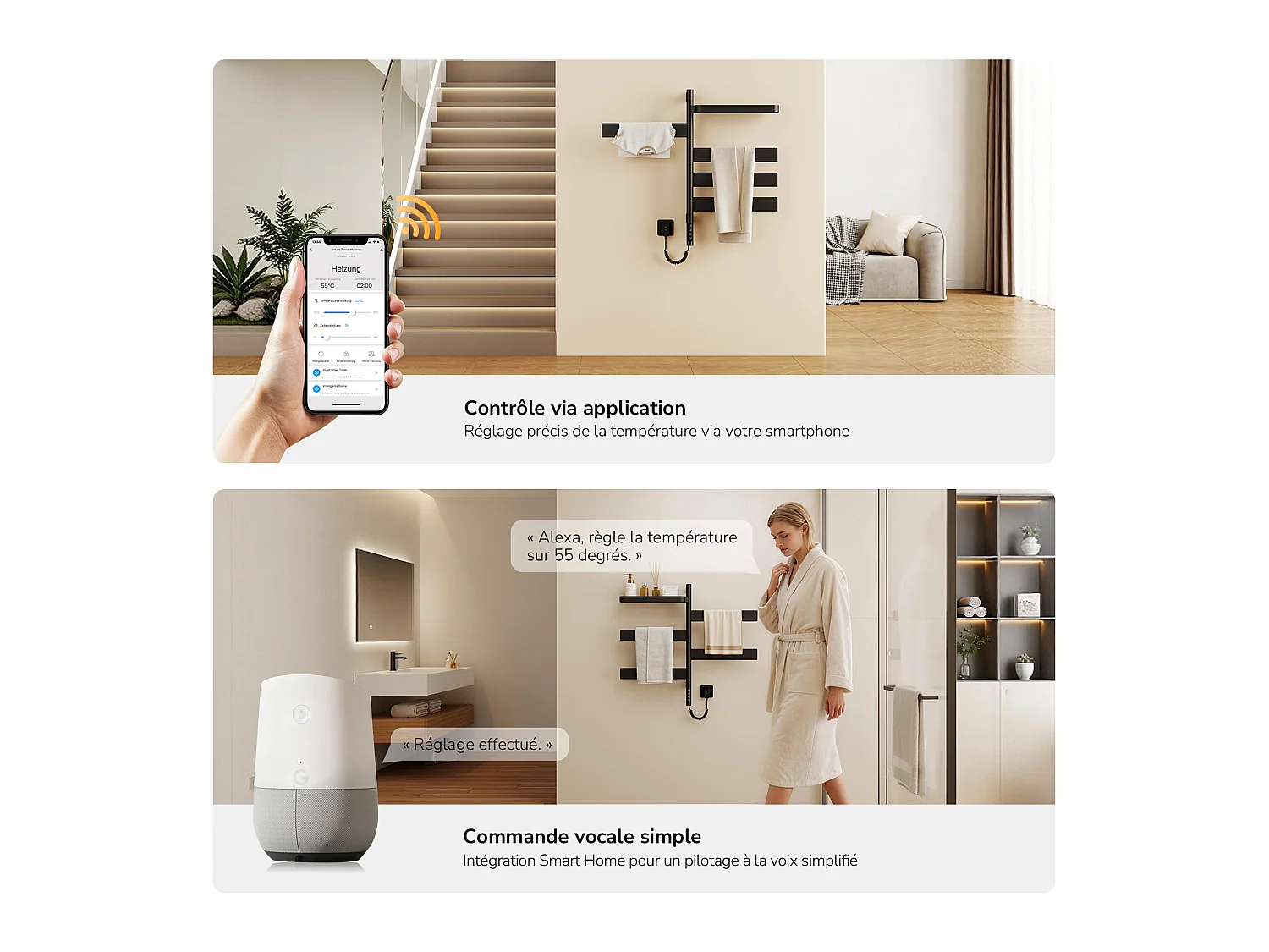 EMKE Scaldasalviette Elettrico 76,9 x 45 cm Barre Orientabili a 180 Gradi con Mensola WiFi App Alexa 120W Nero