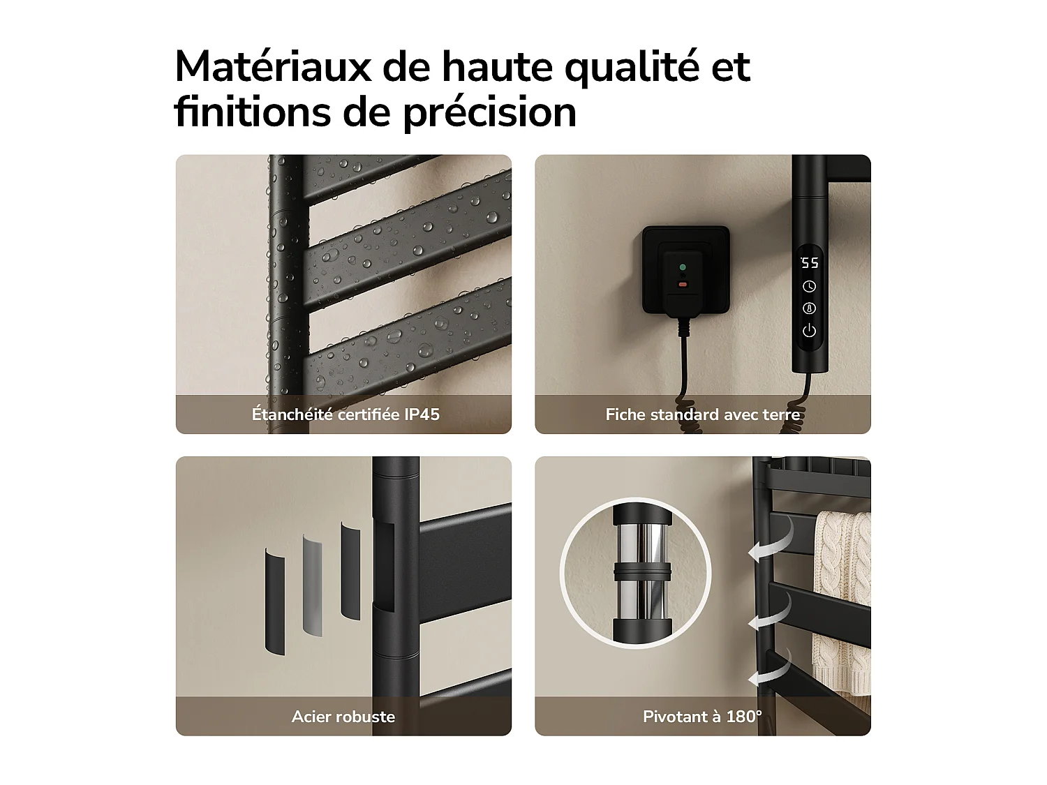 EMKE Scaldasalviette Elettrico 76,9 x 45 cm Barre Orientabili a 180 Gradi con Mensola WiFi App Alexa 120W Nero