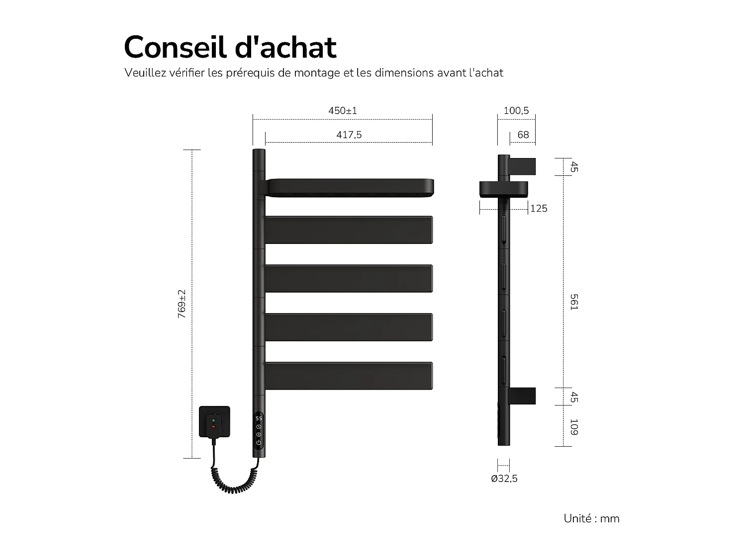 EMKE Scaldasalviette Elettrico 76,9 x 45 cm Barre Orientabili a 180 Gradi con Mensola WiFi App Alexa 120W Nero
