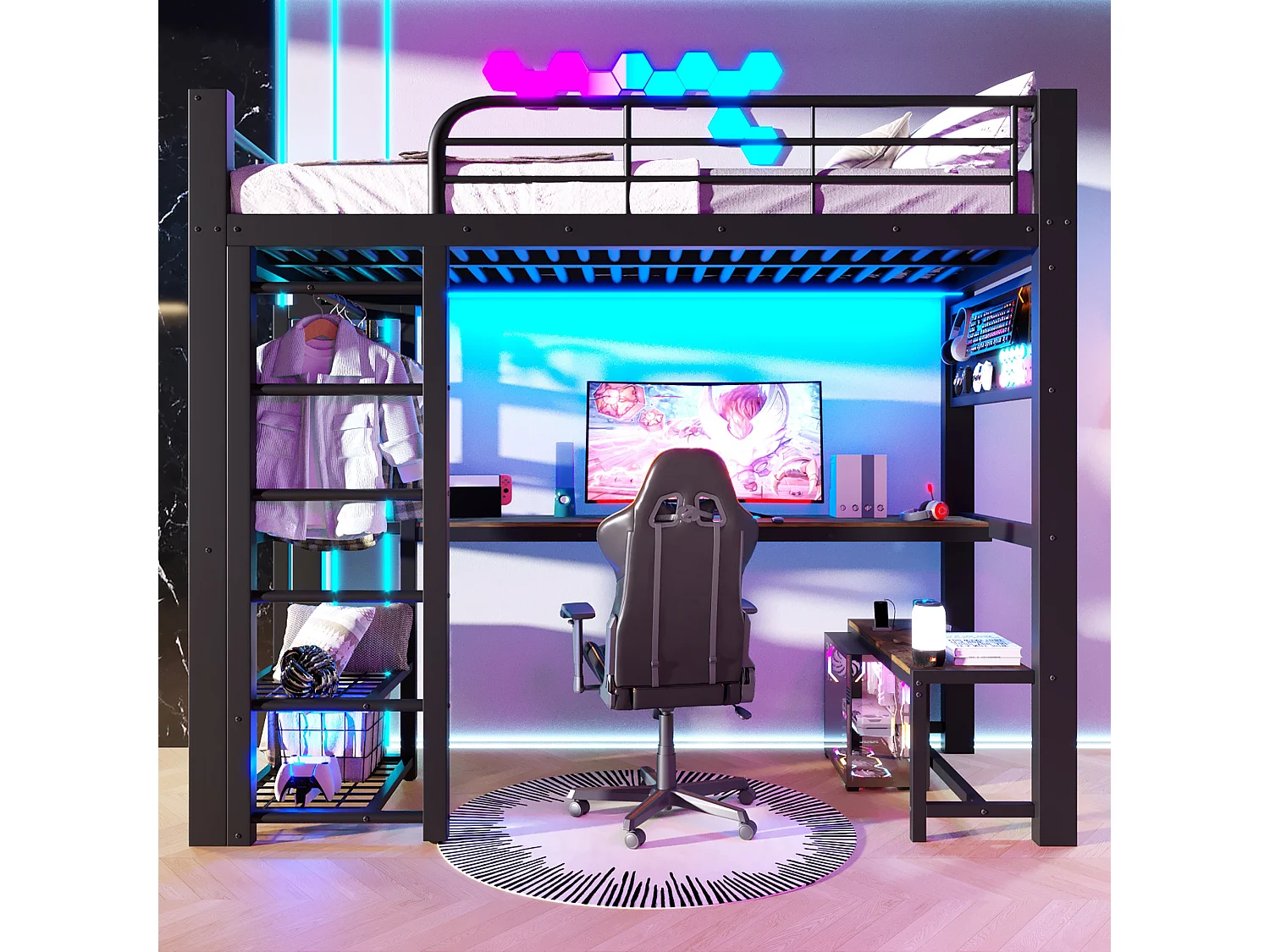 Hochbett 90 × 200 cm - mit Hängematte - mit LED-Beleuchtung - mit Stauraum - Schwarz (Matratze nicht enthalten)