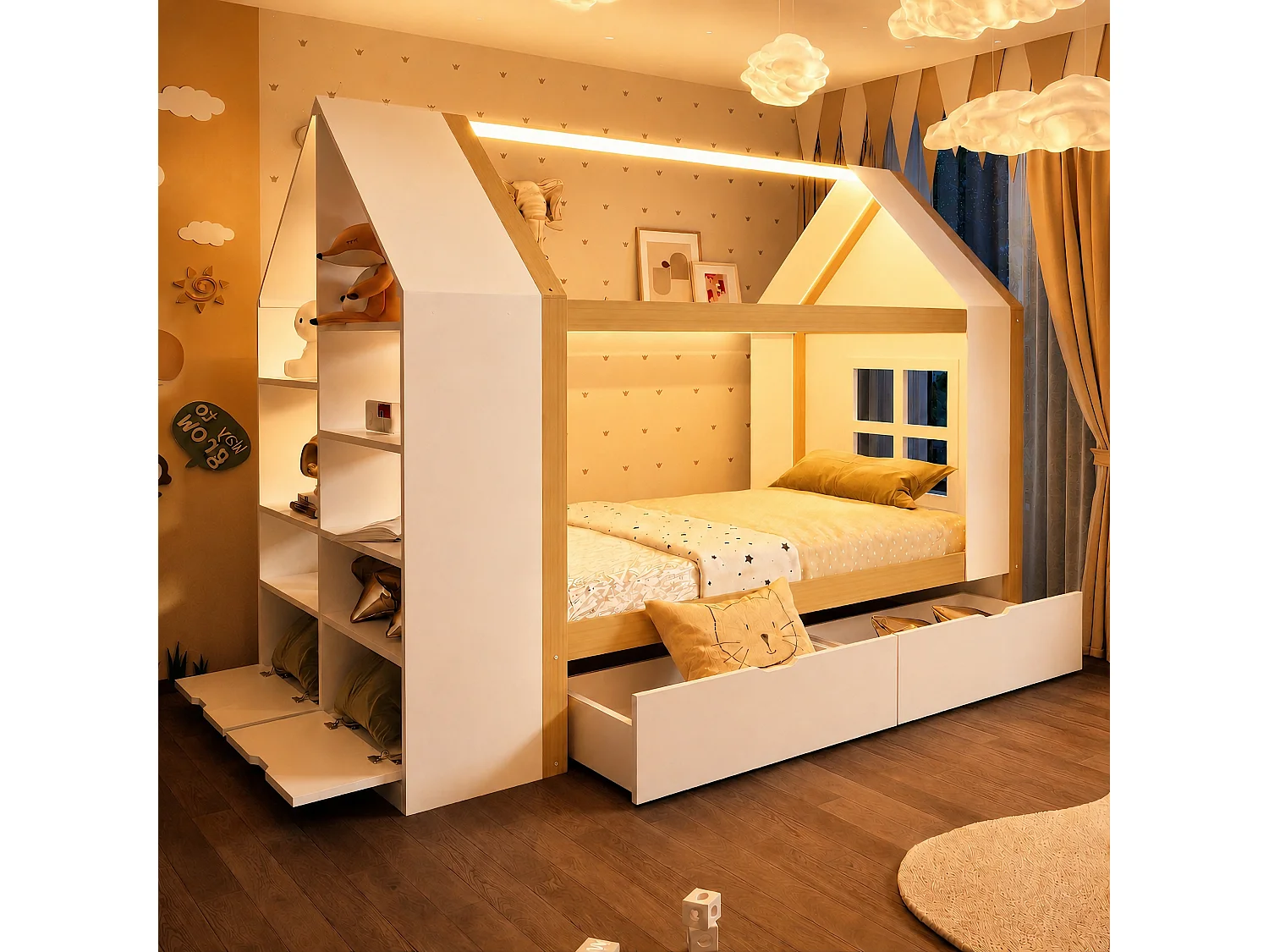 Lit enfant 90x200cm - Design style maison - Avec 2 tiroirs - Avec lumière LED - naturel+blanc (matelas non inclus)