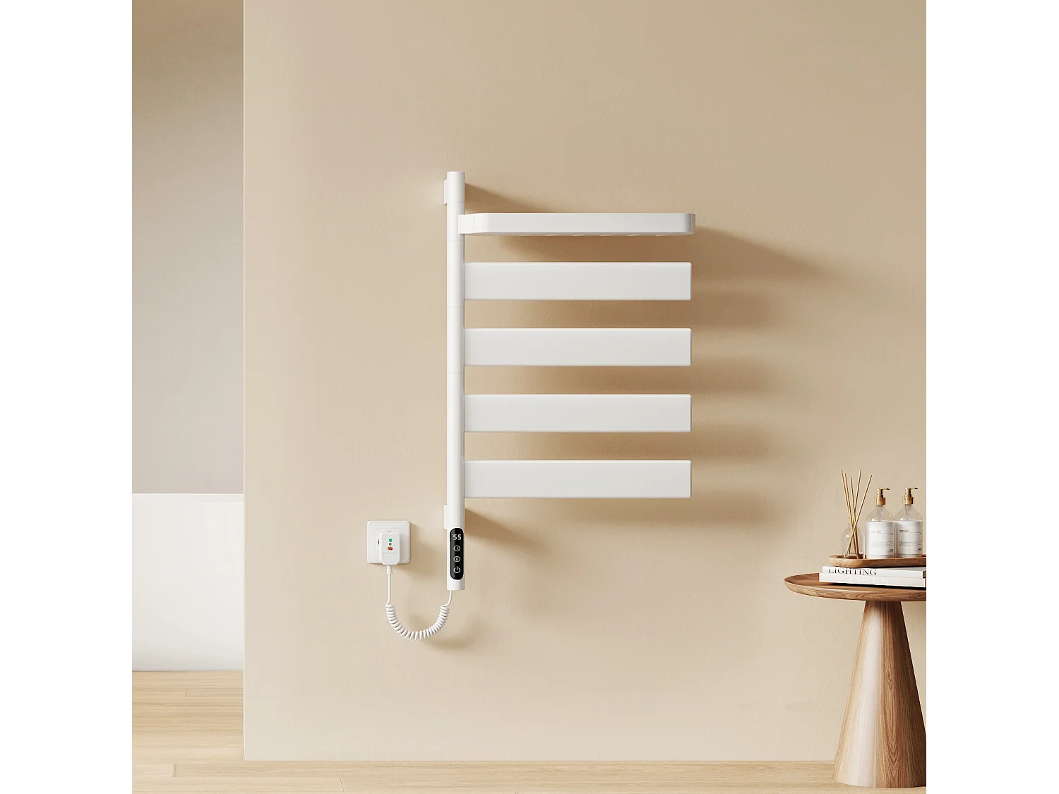 EMKE Elektrische Handdoekradiator 76,9 x 45 cm 180 Graden Draaibare Stangen met Planchet WiFi App Alexa 120W Wit