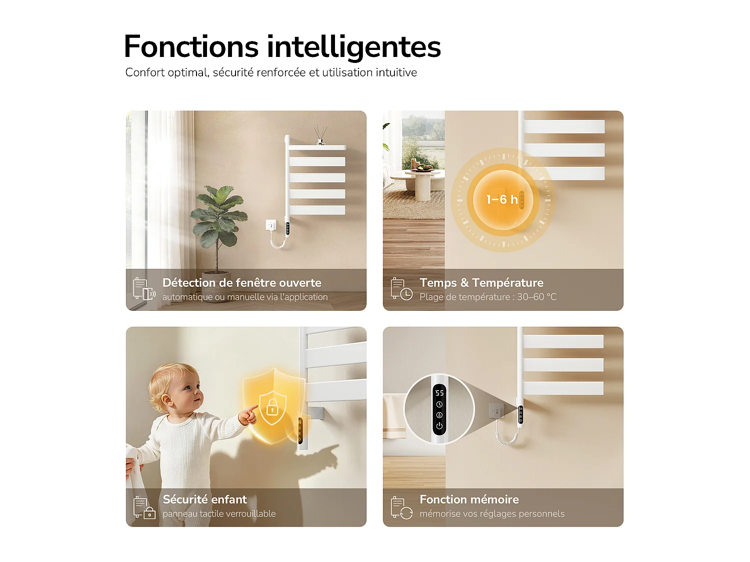 EMKE Elektrische Handdoekradiator 76,9 x 45 cm 180 Graden Draaibare Stangen met Planchet WiFi App Alexa 120W Wit