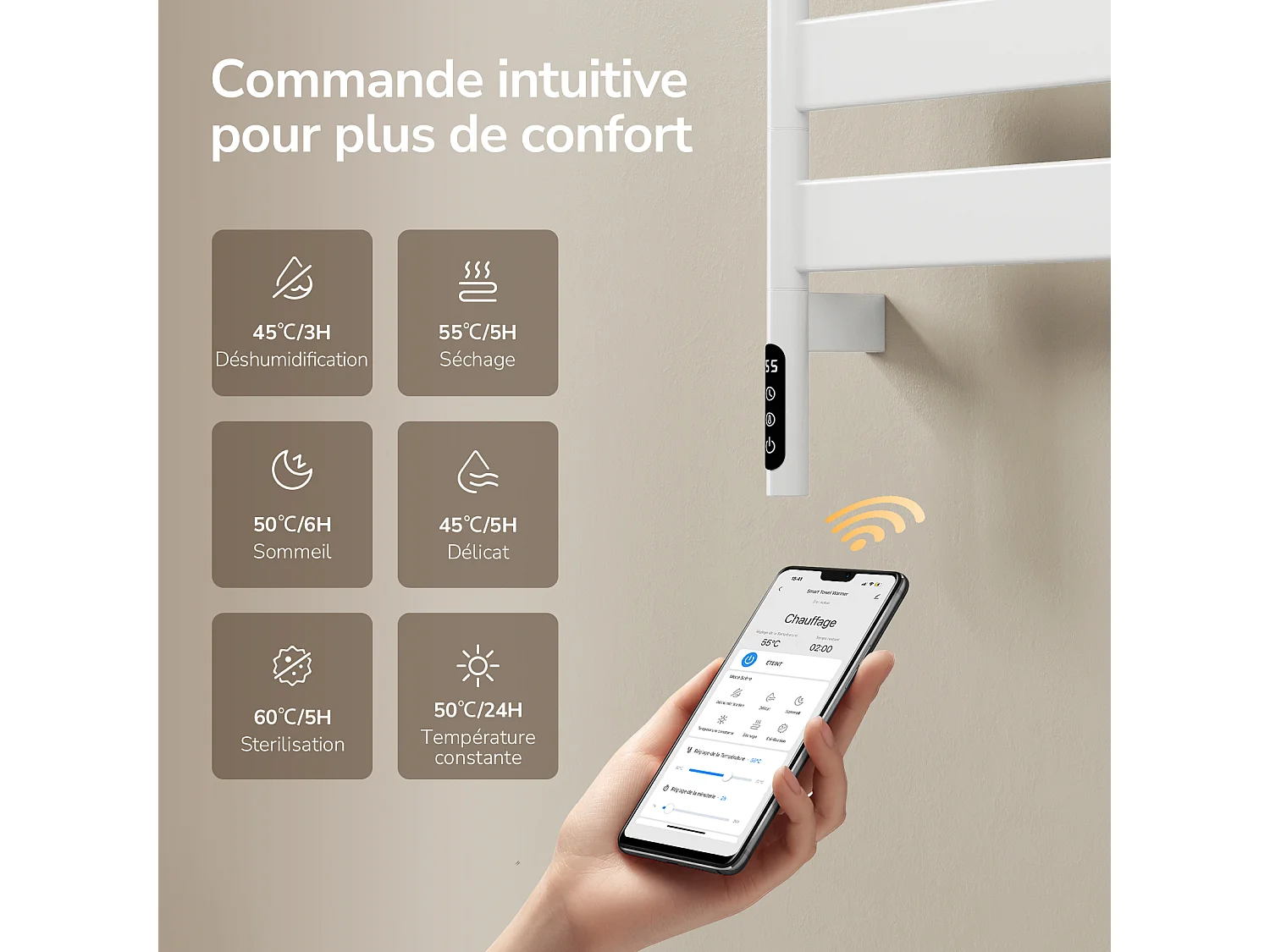 EMKE Elektrische Handdoekradiator 76,9 x 45 cm 180 Graden Draaibare Stangen met Planchet WiFi App Alexa 120W Wit