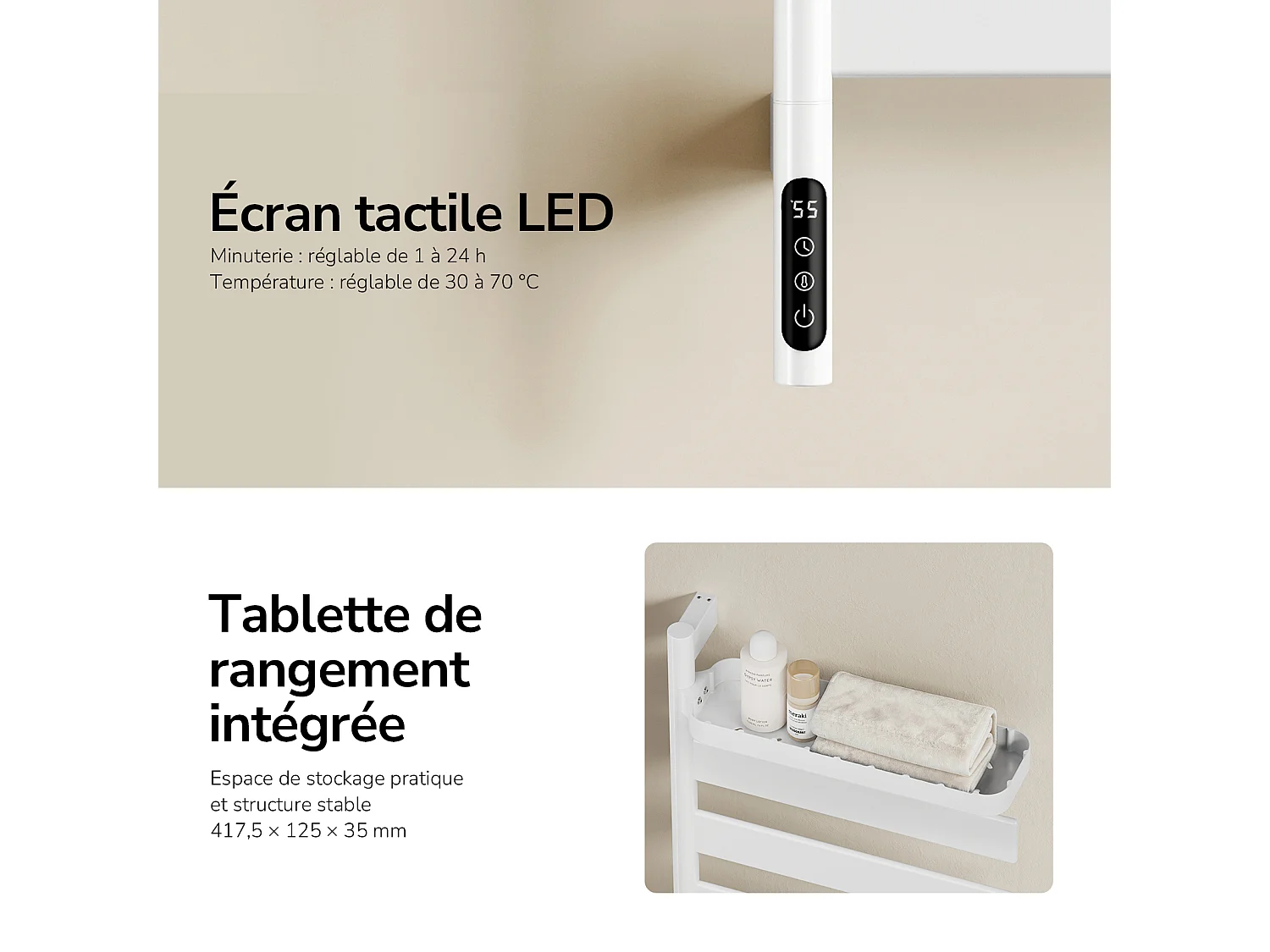 EMKE Elektrische Handdoekradiator 76,9 x 45 cm 180 Graden Draaibare Stangen met Planchet WiFi App Alexa 120W Wit