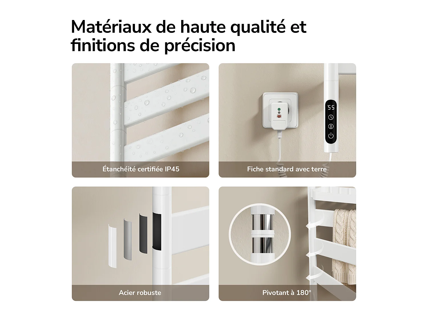 EMKE Elektrische Handdoekradiator 76,9 x 45 cm 180 Graden Draaibare Stangen met Planchet WiFi App Alexa 120W Wit