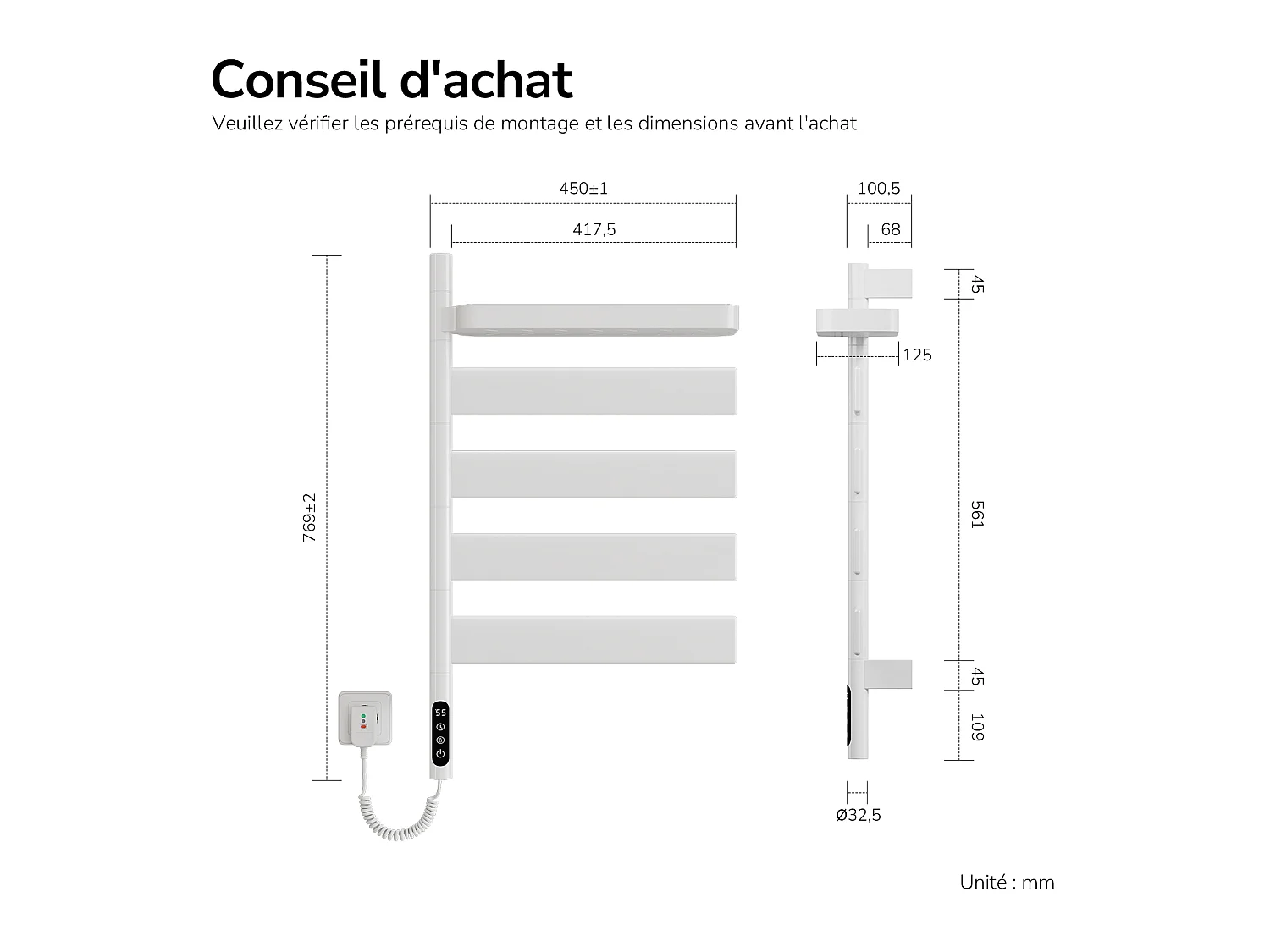 EMKE Elektrische Handdoekradiator 76,9 x 45 cm 180 Graden Draaibare Stangen met Planchet WiFi App Alexa 120W Wit