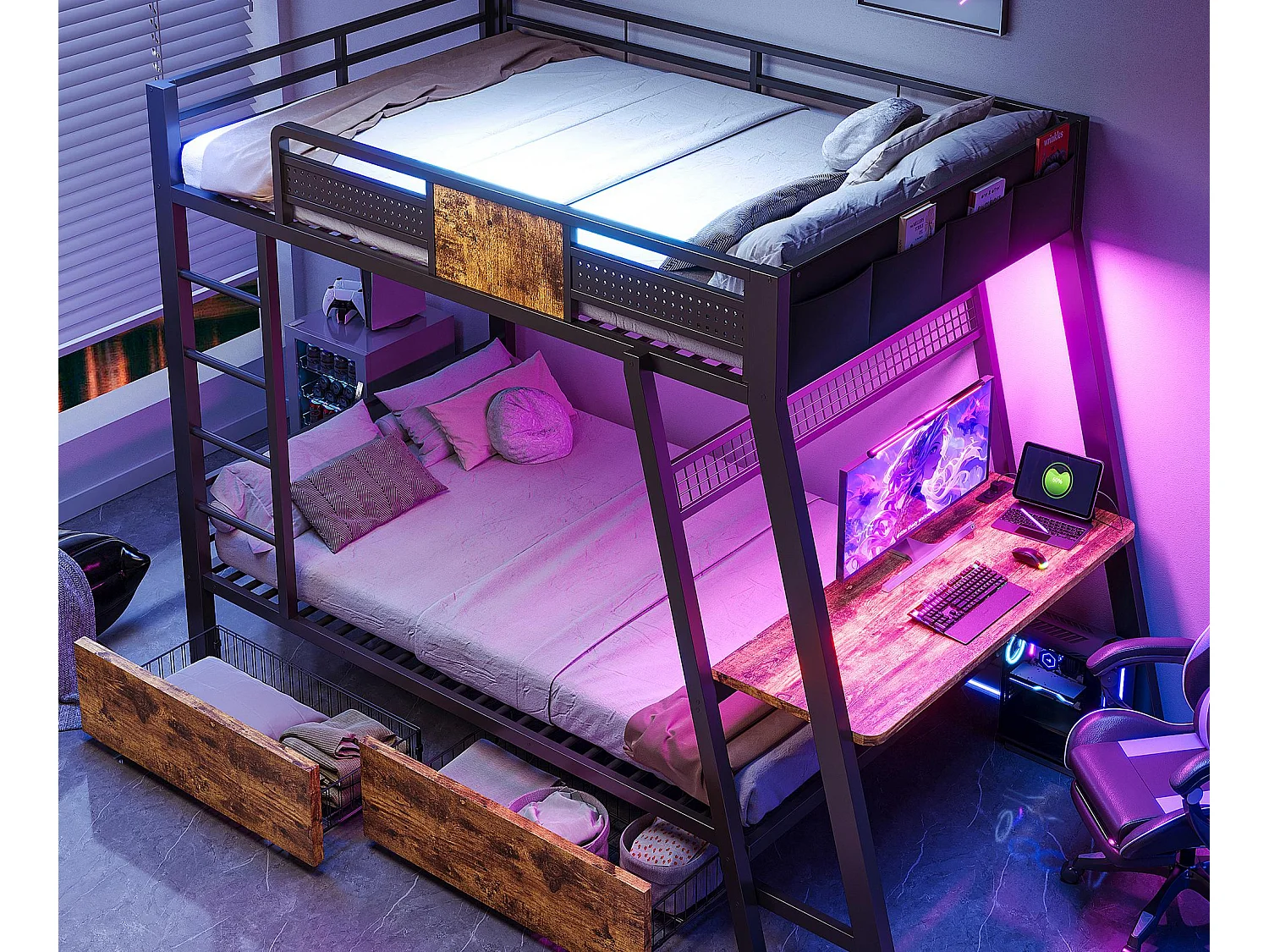 Lit superposé en métal 90x200cm - Avec prise électrique - Avec ports USB et Type-C - Avec éclairage LED - Avec 2 paniers de rangement - noir