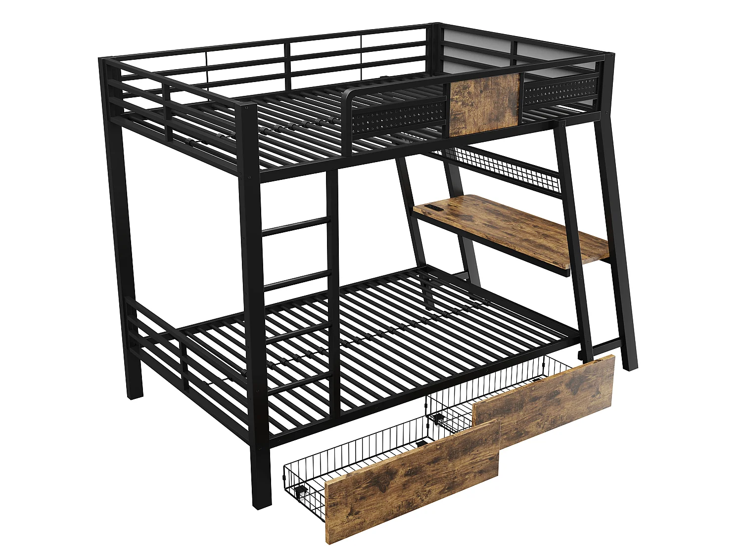 Lit superposé en métal 90x200cm - Avec prise électrique - Avec ports USB et Type-C - Avec éclairage LED - Avec 2 paniers de rangement - noir