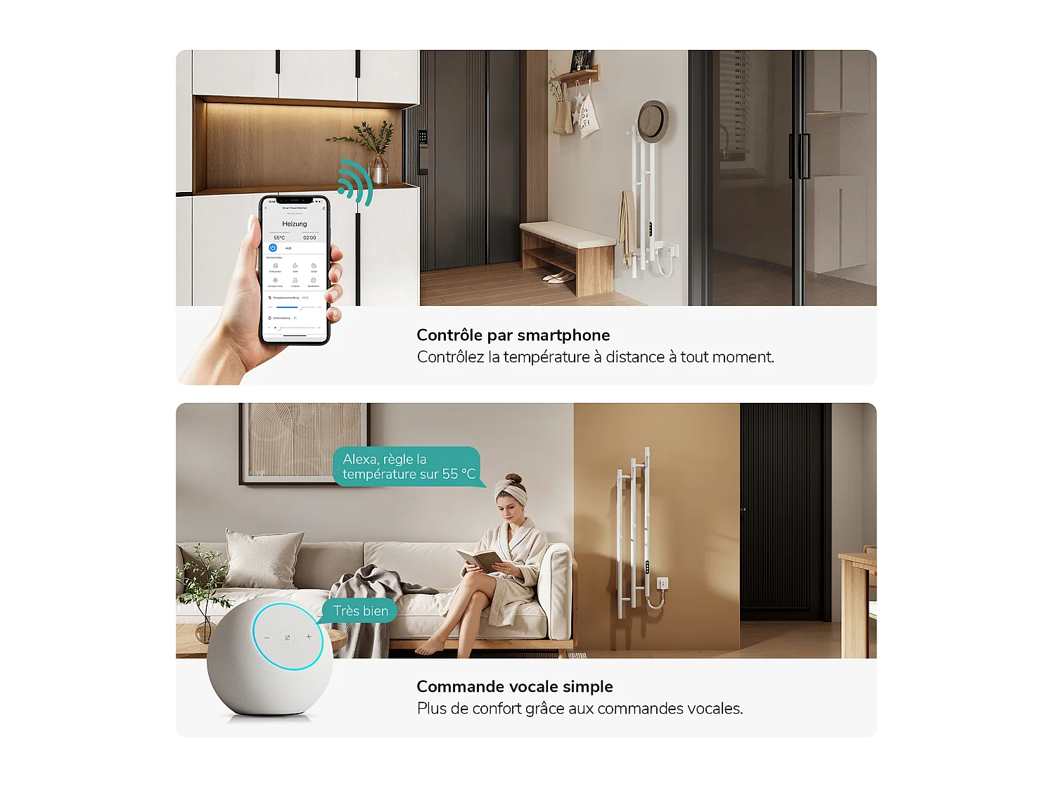 EMKE Scaldasalviette Elettrico 115 x 21,6 cm 220W Radiatore Bagno WiFi App Alexa Riscaldamento in Carbonio Bianco