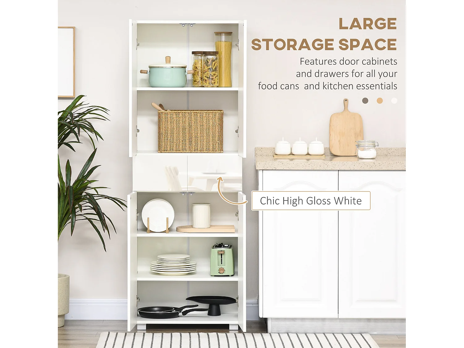 Luvami High Gloss White 4 Door Kitchen Cupboard with 5 Tier Storage and Push to Open Drawers