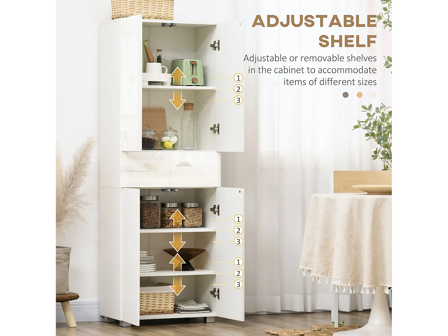 Luvami High Gloss White 4 Door Kitchen Cupboard with 5 Tier Storage and Push to Open Drawers