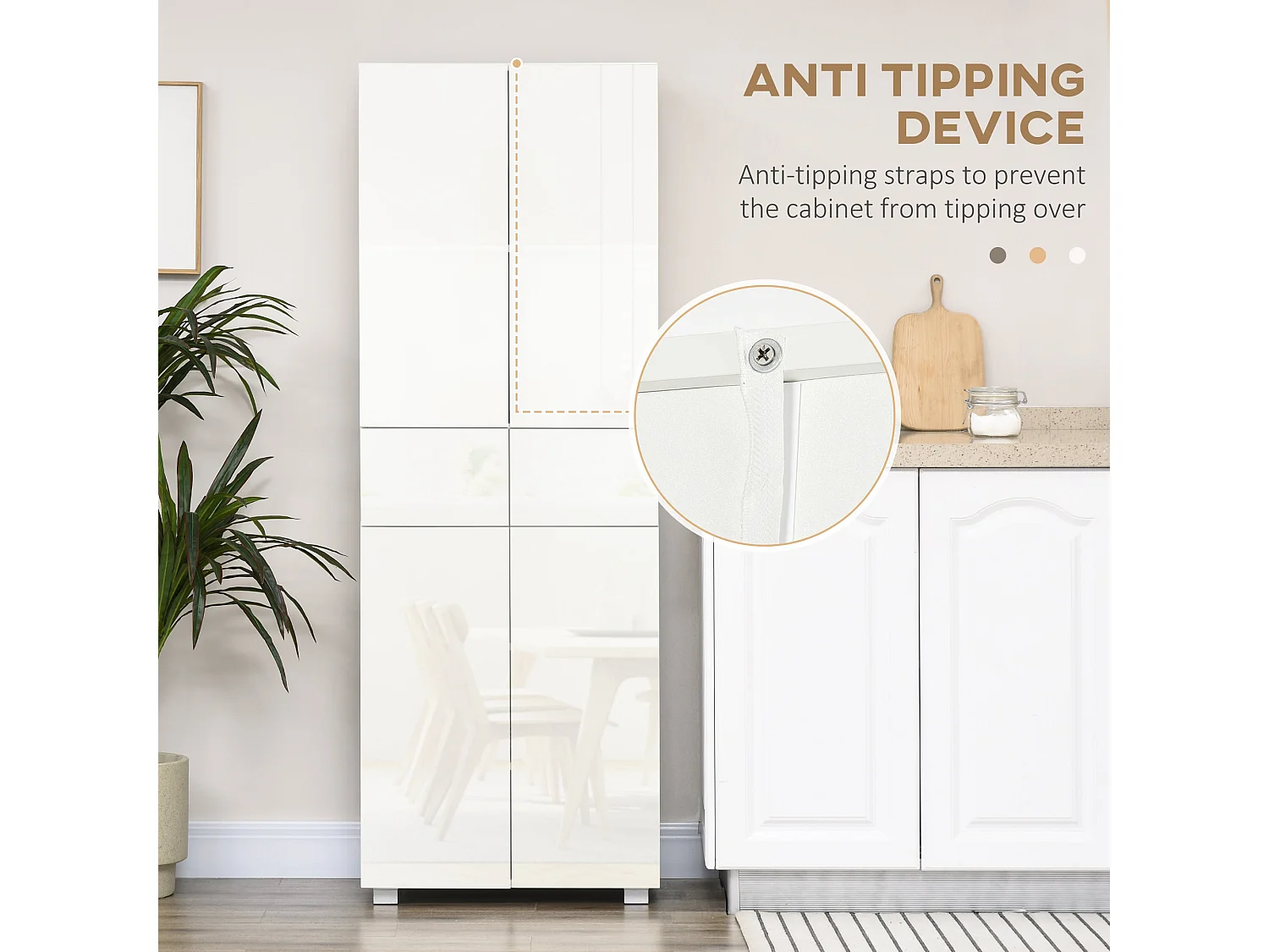 Luvami High Gloss White 4 Door Kitchen Cupboard with 5 Tier Storage and Push to Open Drawers