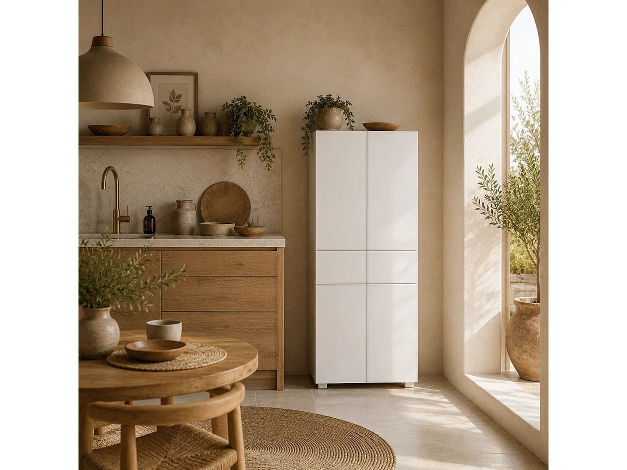 Luvami High Gloss White 4 Door Kitchen Cupboard with 5 Tier Storage and Push to Open Drawers