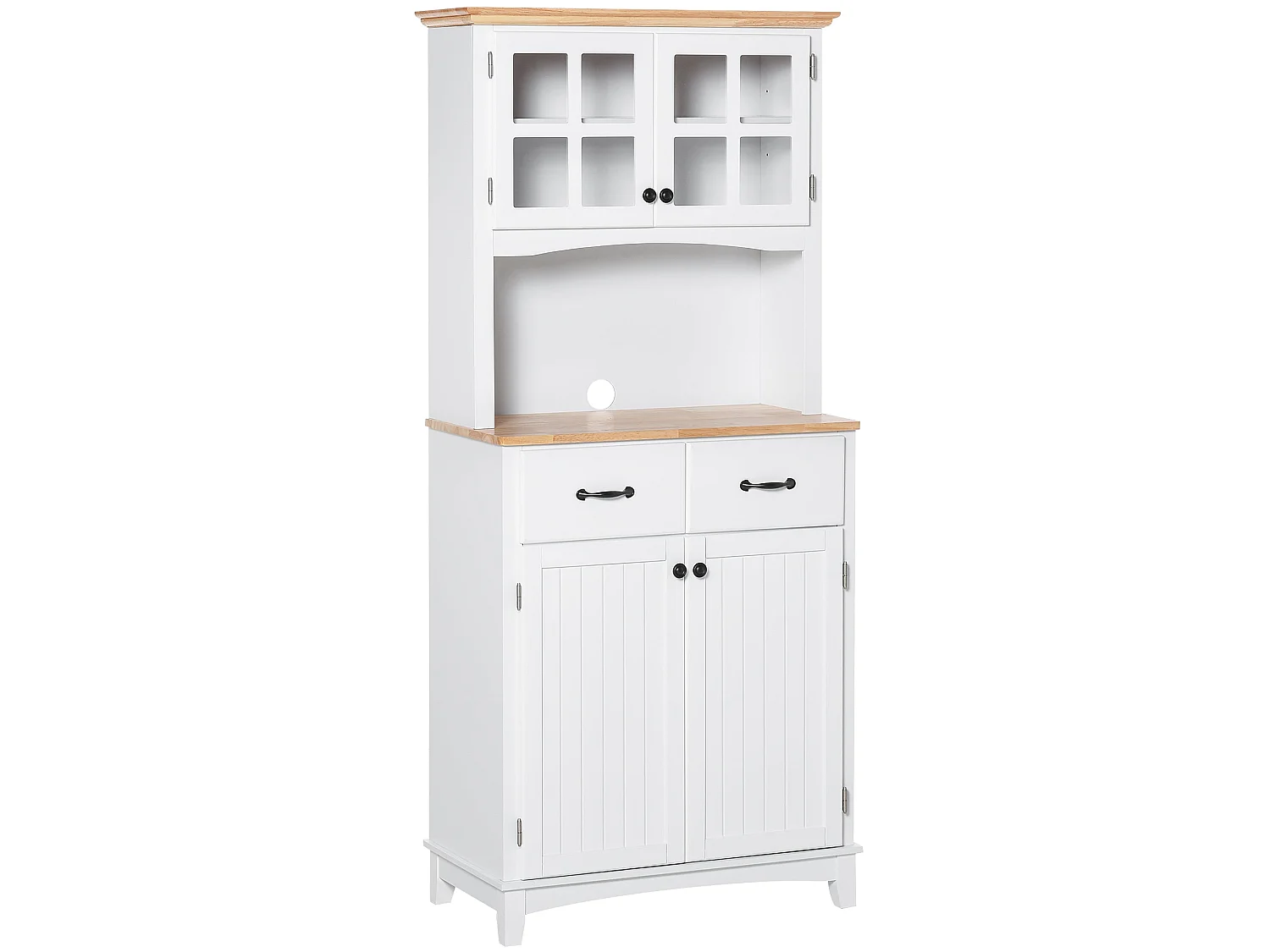 Fidipa White Rubberwood Kitchen Storage Cupboard with Glass Doors and Microwave Shelf 172cm