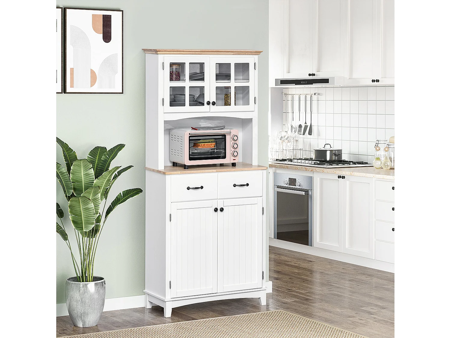 Fidipa White Rubberwood Kitchen Storage Cupboard with Glass Doors and Microwave Shelf 172cm