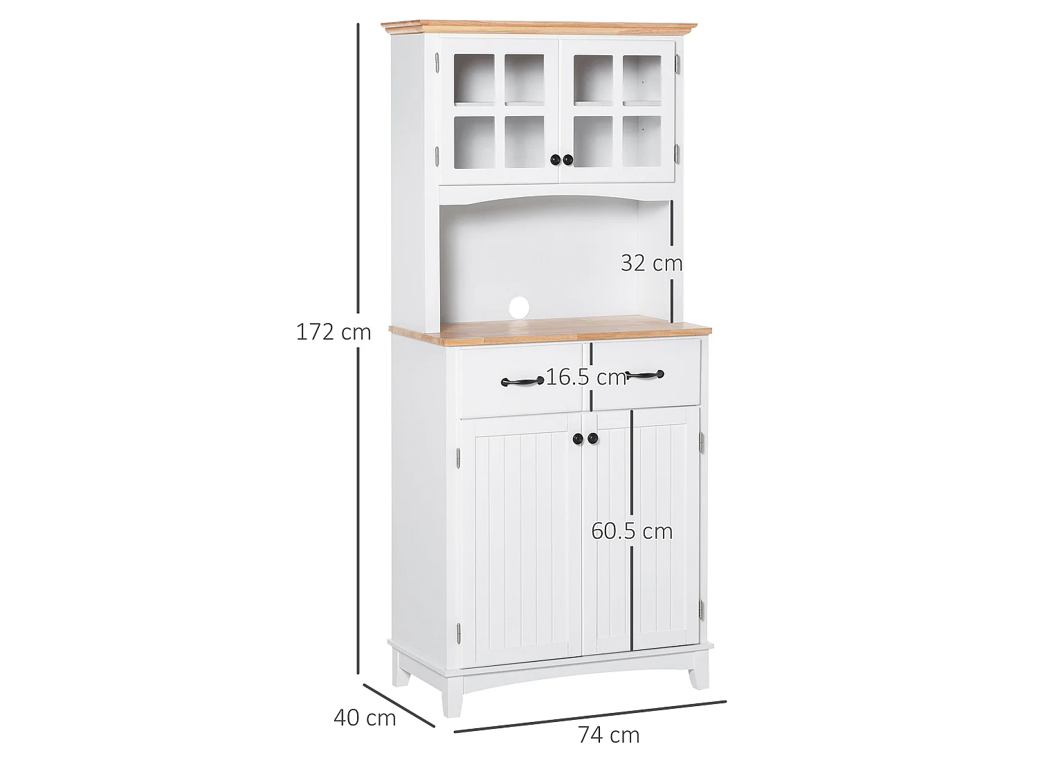 Fidipa White Rubberwood Kitchen Storage Cupboard with Glass Doors and Microwave Shelf 172cm