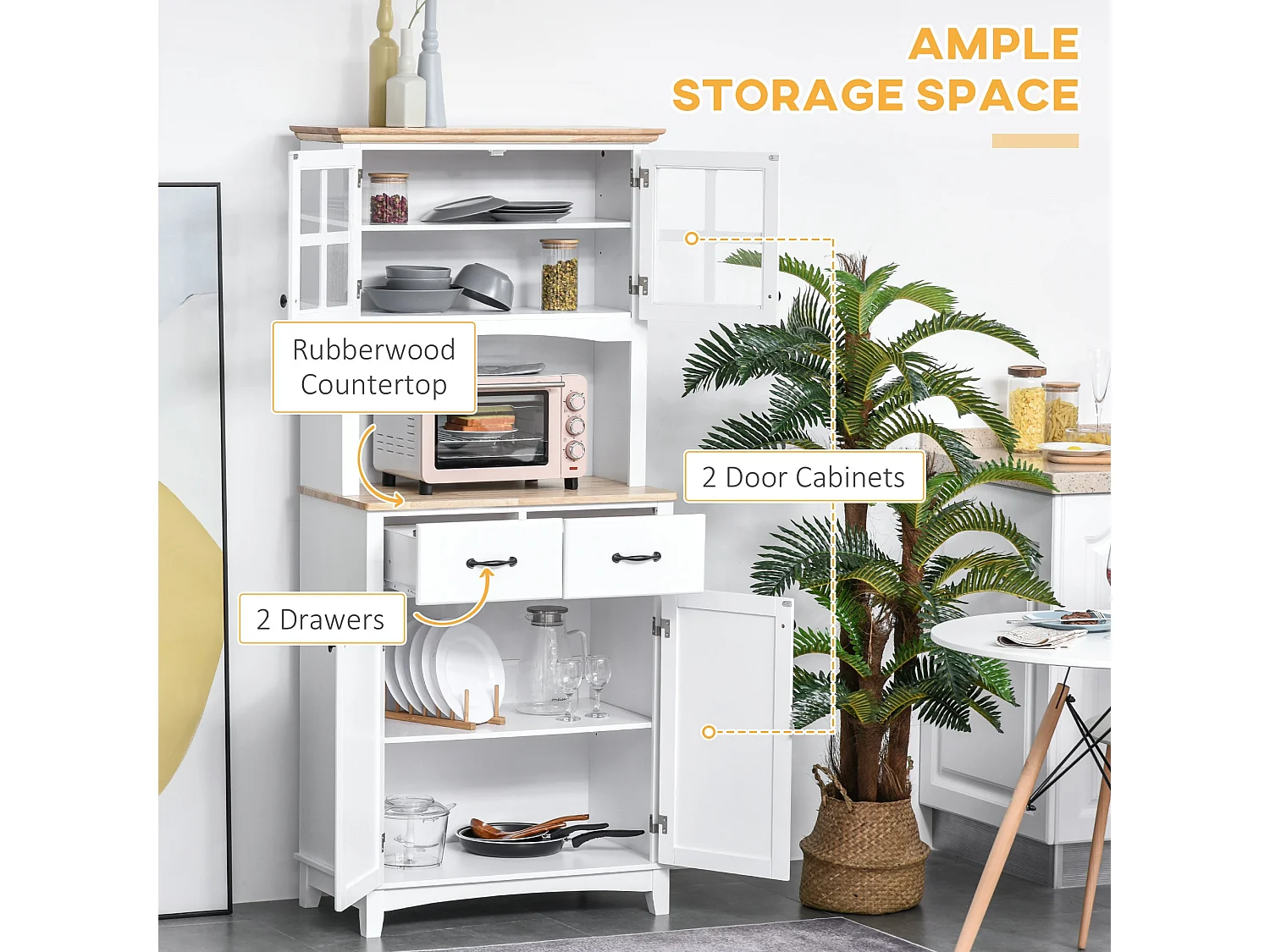 Fidipa White Rubberwood Kitchen Storage Cupboard with Glass Doors and Microwave Shelf 172cm