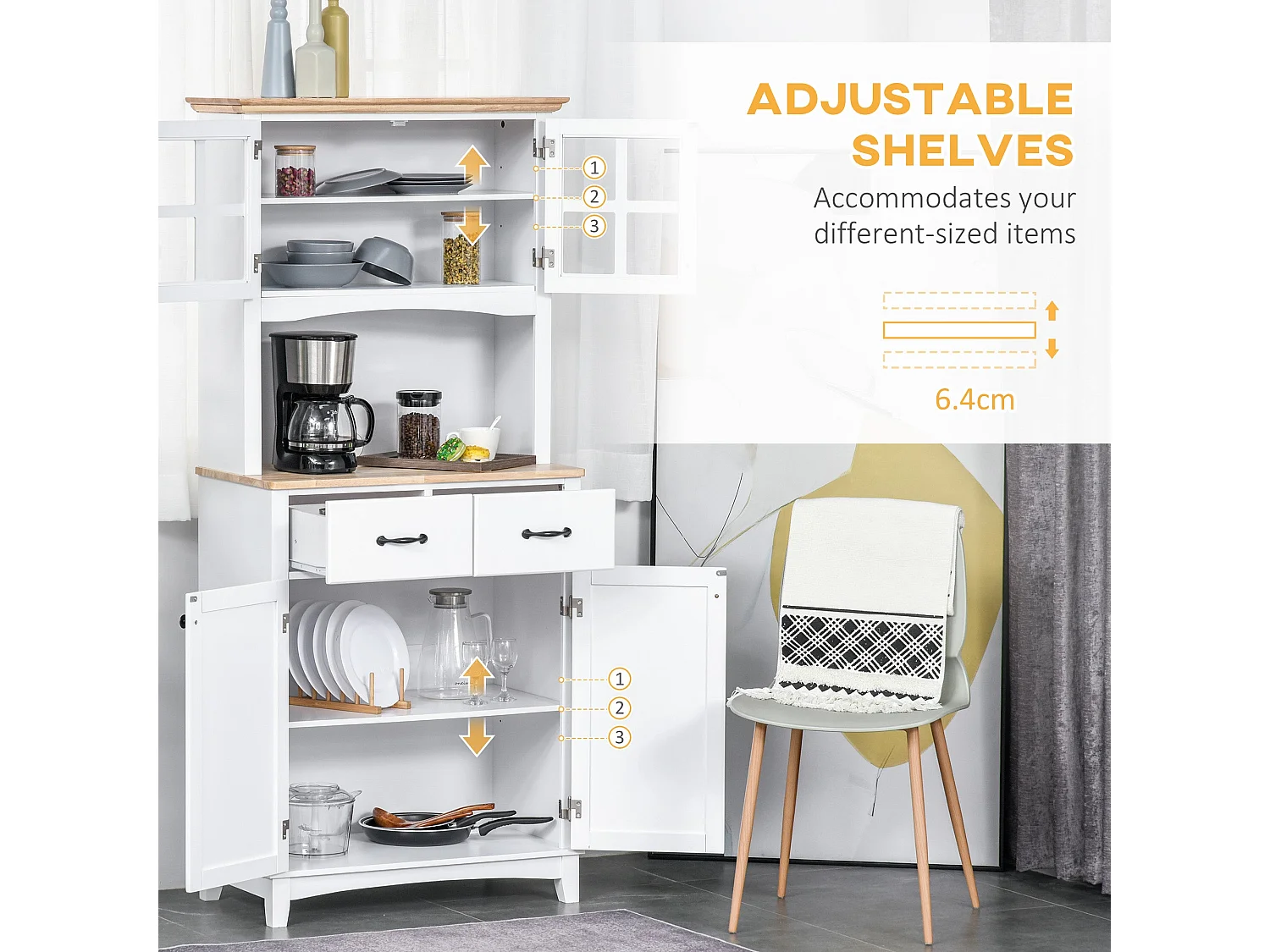 Fidipa White Rubberwood Kitchen Storage Cupboard with Glass Doors and Microwave Shelf 172cm
