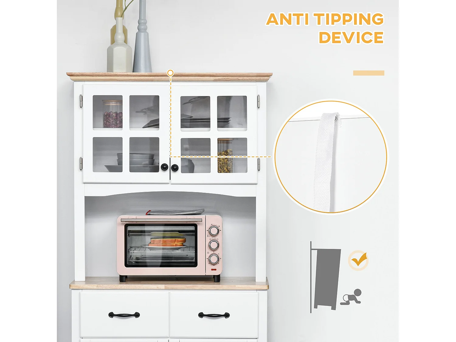 Fidipa White Rubberwood Kitchen Storage Cupboard with Glass Doors and Microwave Shelf 172cm