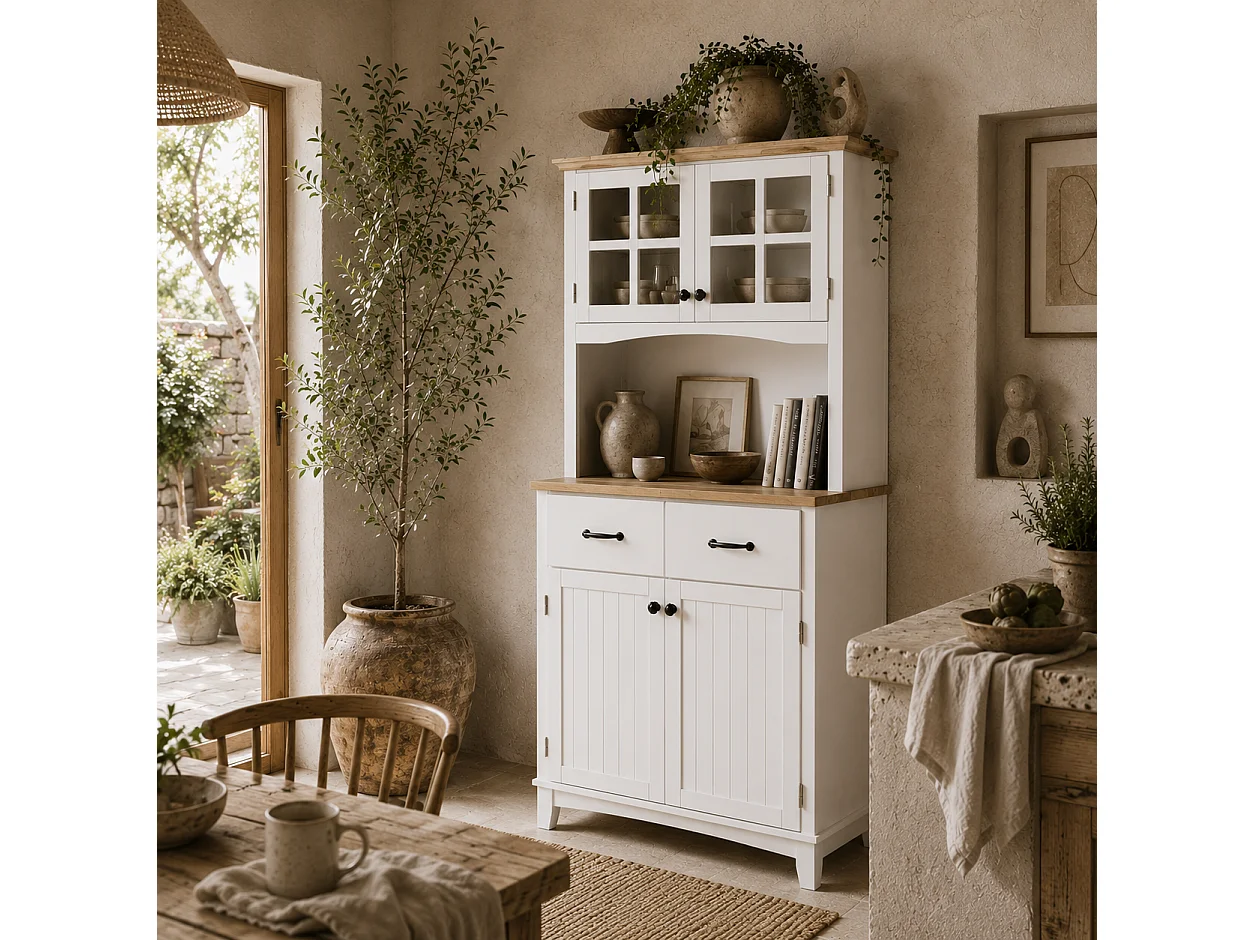 Fidipa White Rubberwood Kitchen Storage Cupboard with Glass Doors and Microwave Shelf 172cm