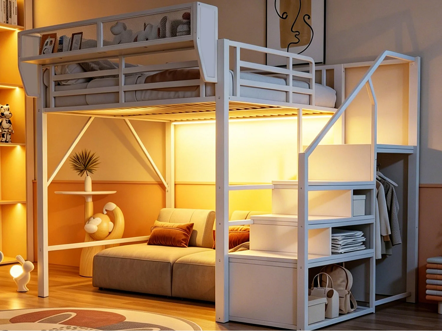 Lit mezzanine 140x200cm - avec éclairage LED - avec échelle de sécurité - avec espace de rangement - blanc (matelas non inclus)