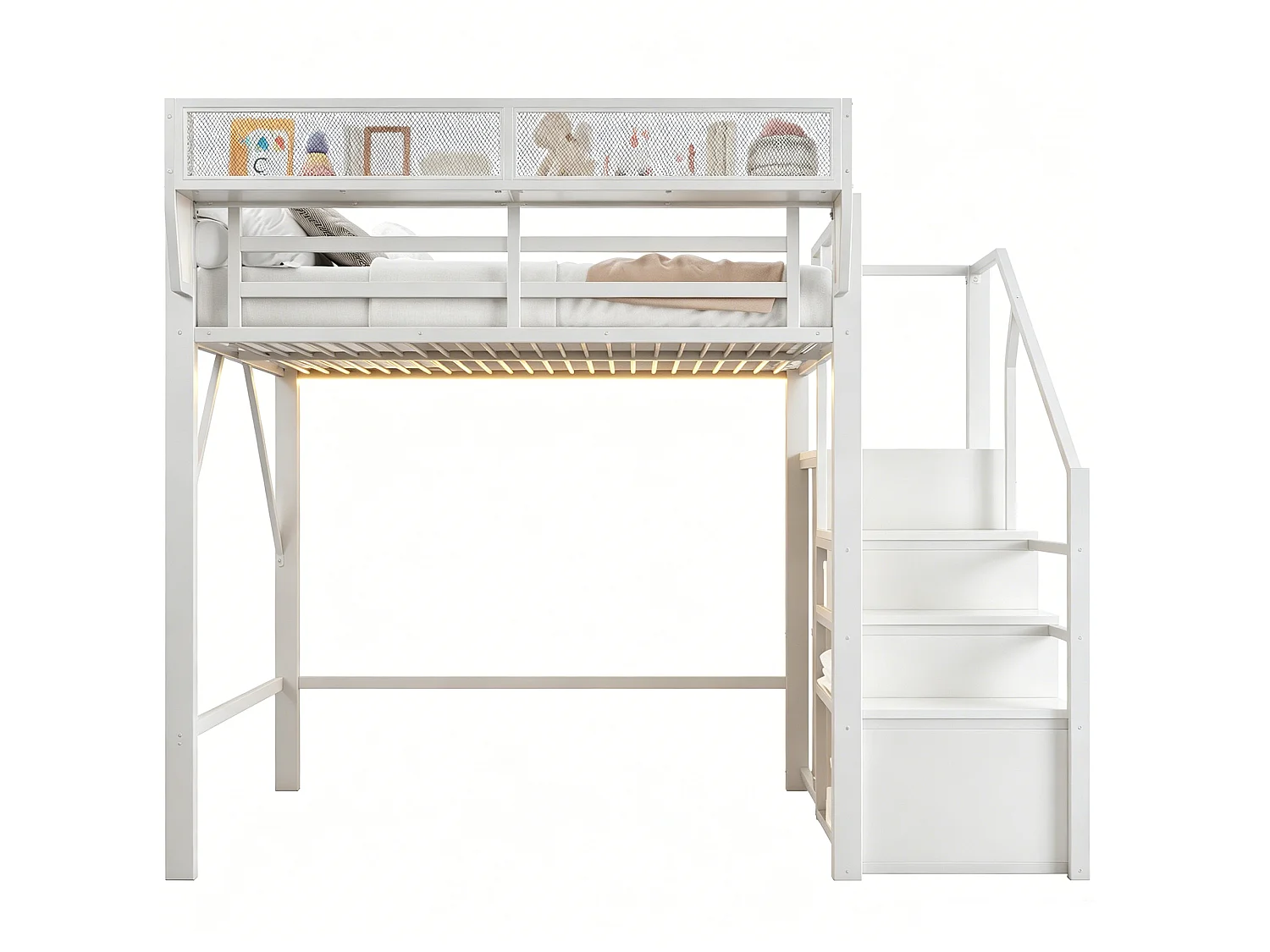 Lit mezzanine 140x200cm - avec éclairage LED - avec échelle de sécurité - avec espace de rangement - blanc (matelas non inclus)