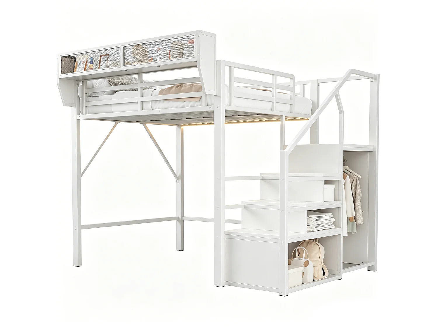 Lit mezzanine 140x200cm - avec éclairage LED - avec échelle de sécurité - avec espace de rangement - blanc (matelas non inclus)