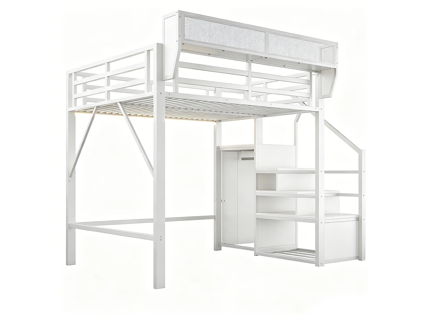 Lit mezzanine 140x200cm - avec éclairage LED - avec échelle de sécurité - avec espace de rangement - blanc (matelas non inclus)