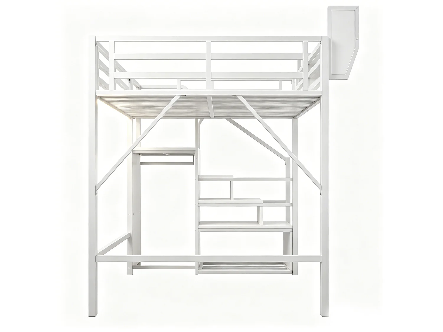 Lit mezzanine 140x200cm - avec éclairage LED - avec échelle de sécurité - avec espace de rangement - blanc (matelas non inclus)