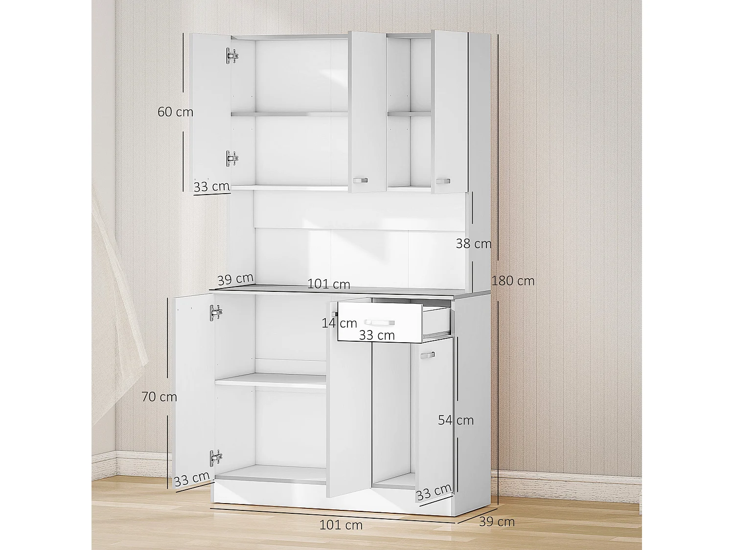 Tovesu White Large Kitchen Cupboard 6 Doors 1 Drawer Adjustable Shelves Countertop