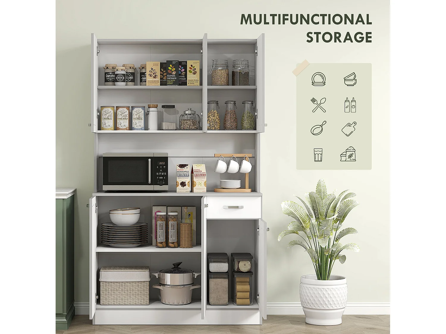 Tovesu White Large Kitchen Cupboard 6 Doors 1 Drawer Adjustable Shelves Countertop