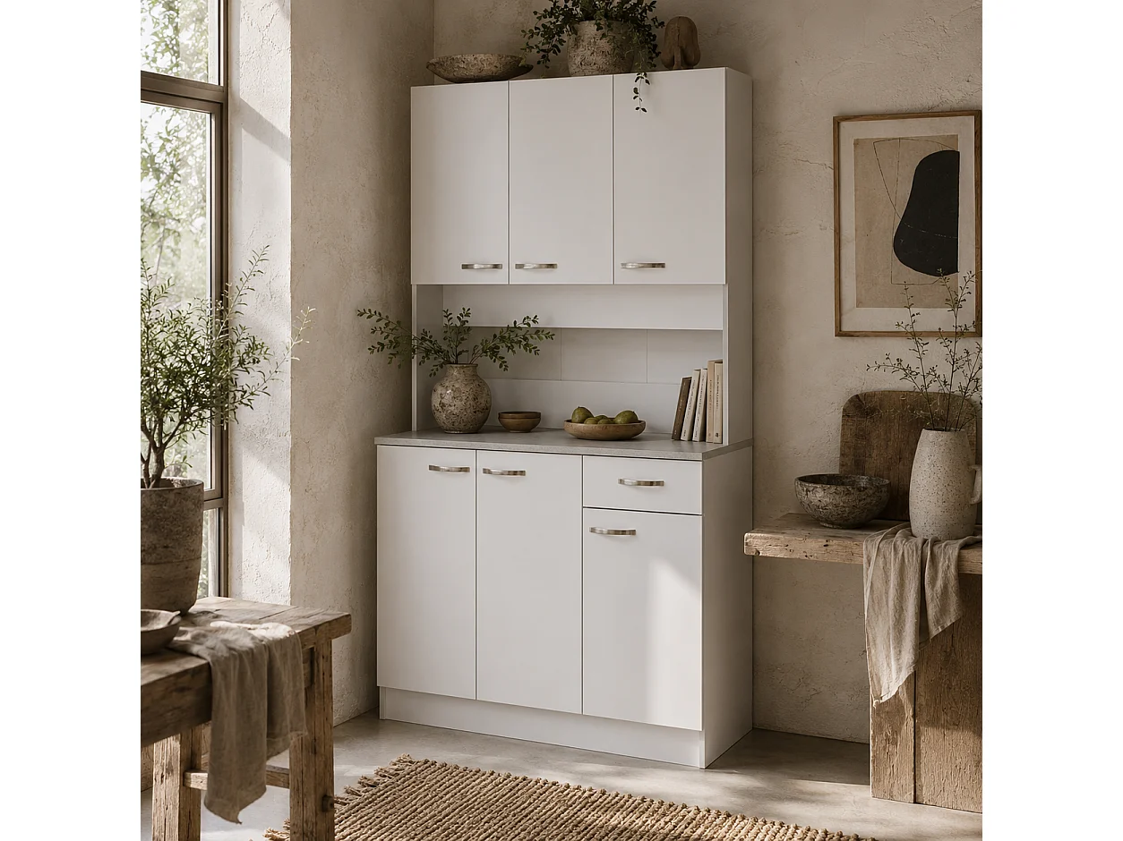 Tovesu White Large Kitchen Cupboard 6 Doors 1 Drawer Adjustable Shelves Countertop