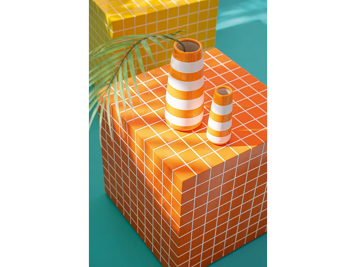 Table d'Appoint Cube à Carreaux "Spia" 35cm Orange & Blanc