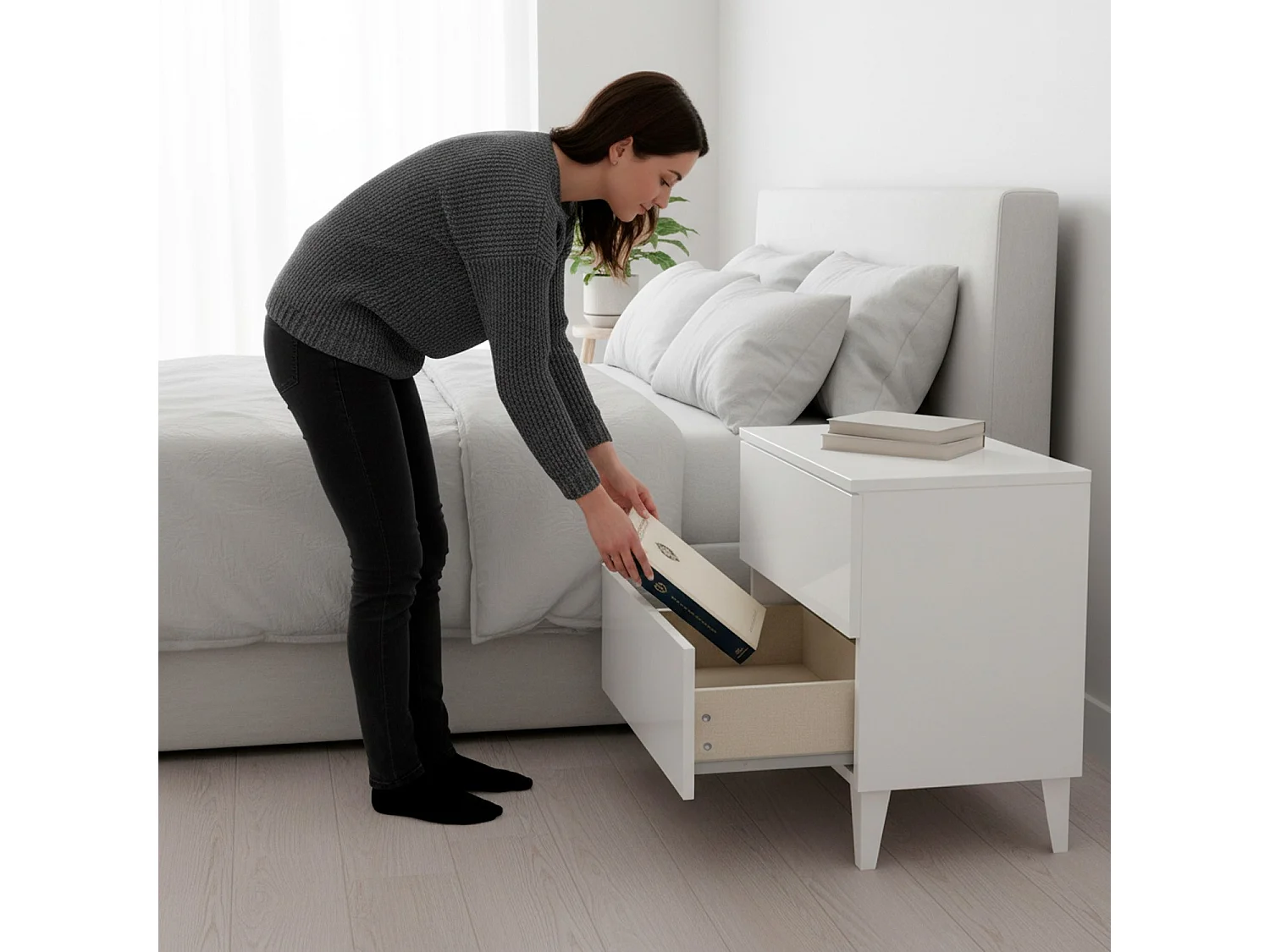 Comodino Moderno A 2 Cassetti Mobiletto Da Camera Da Letto Con Piedini Struttura Resistente In Melaminico Antigraffio Montaggio Facile 50 X 34 X 39 Cm Bianco Lucido