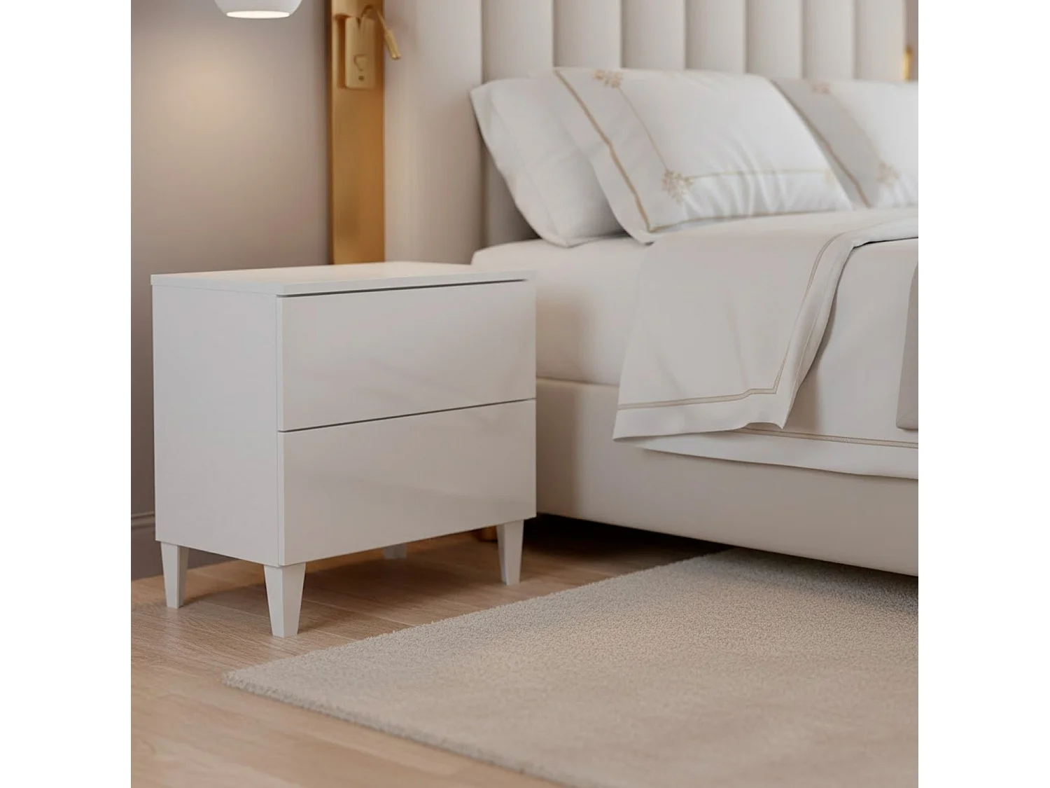 Comodino Moderno A 2 Cassetti Mobiletto Da Camera Da Letto Con Piedini Struttura Resistente In Melaminico Antigraffio Montaggio Facile 50 X 34 X 39 Cm Bianco Lucido