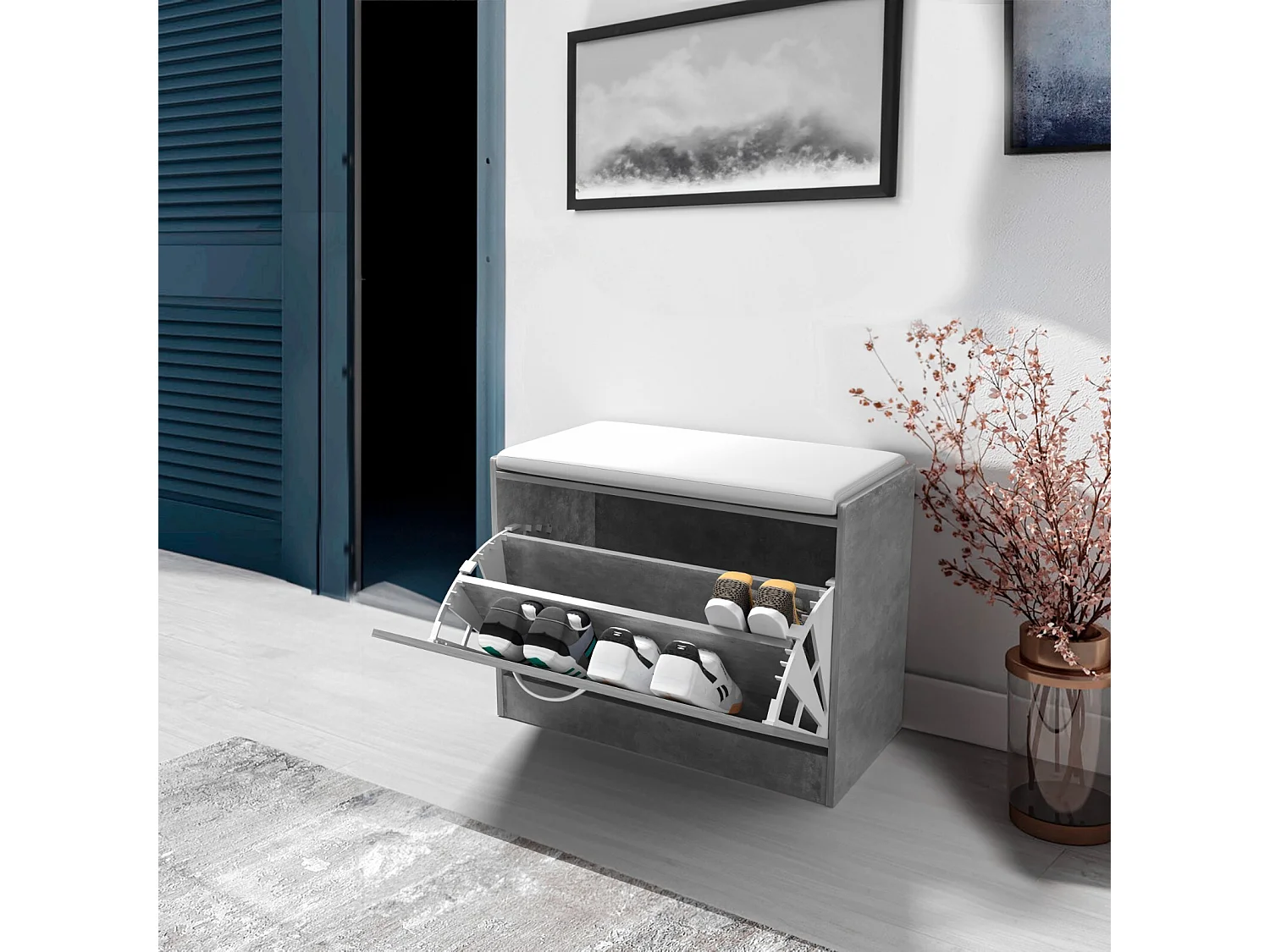 Panca Portascarpe Scarpiera Da Ingresso Piccola Salvaspazio Con Cuscino Anta A Ribalta Seduta Imbottita In Ecopelle Tripla Profondità 60 x 30 x 48 Cm Grigio Cemento