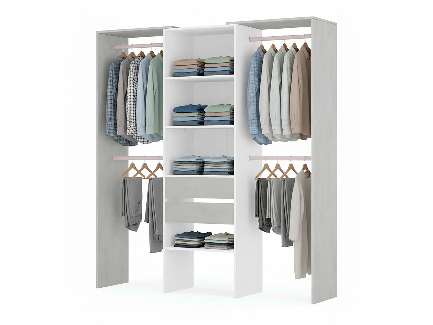 Armadio Guardaroba Da Terra Senza Porte Con 4 Barre Appendiabiti 4 ripiani E 2 Cassetti Per Camera Da Letto 203 x 50 x 179 Cm Bianco Opaco Grigio Cemento